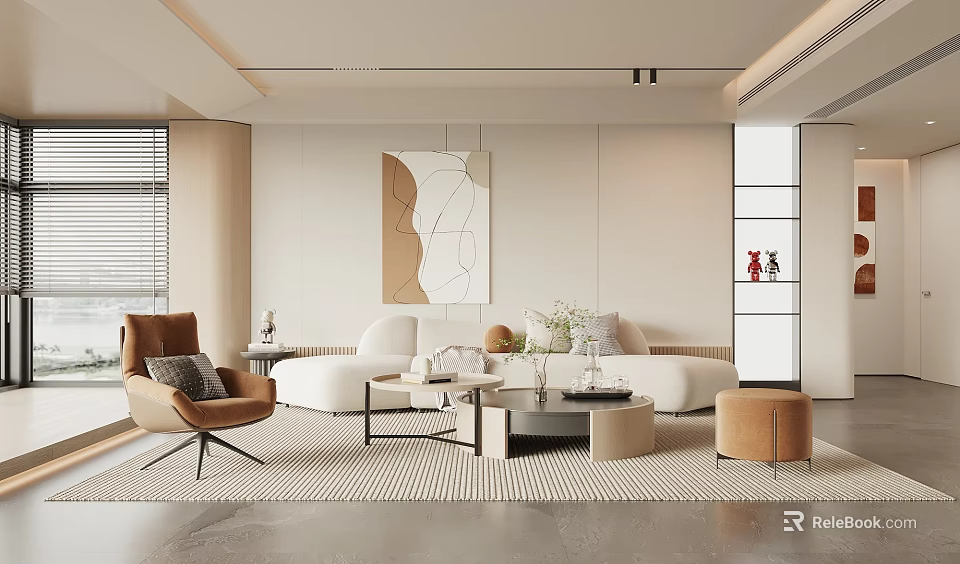 Minimalist Living Room Interior With Curved Sofa Armchair Coffee Table And Artwork 3d model 