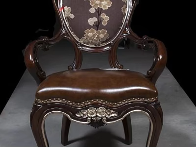 Classic Wooden Armchair With Carved Frame Leather Seat Floral Pattern And Gold Accents 3d model