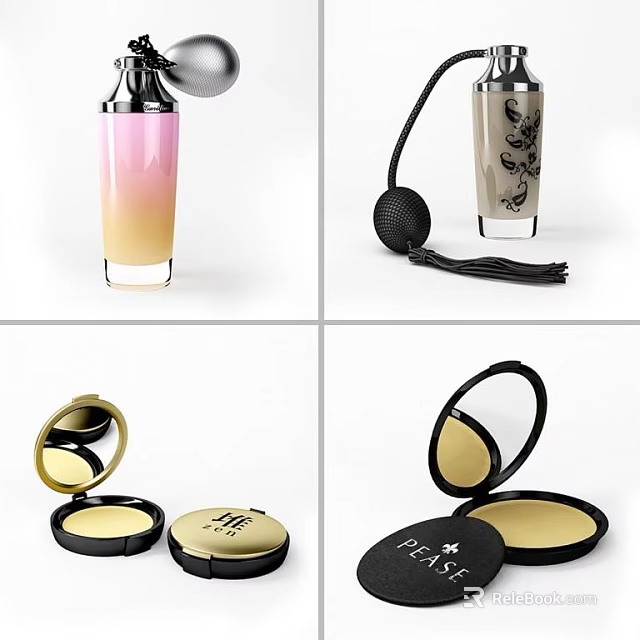 Luxury Perfume Cosmetics with Gradient Bottles Fringed Design and Gold Black Compact Cases 3d model 