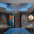 Modern Clubhouse With Blue Lit Ceiling Water Ripple Decoration Black Lattice Door And Circular Painting