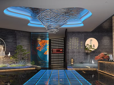 Modern Clubhouse With Blue Lit Ceiling Water Ripple Decoration Black Lattice Door And Circular Painting 3d model