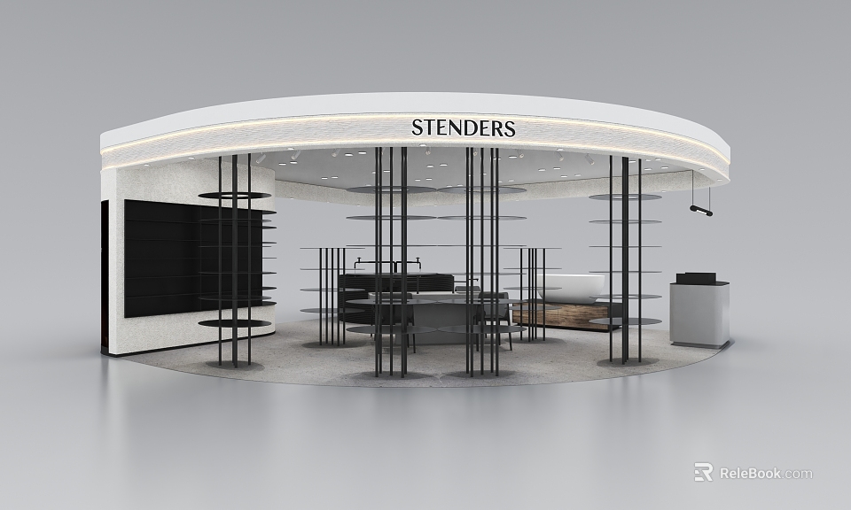Stenders Modern Store With Curved White Roof And Black Display Shelves 3d model 