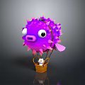 Purple Pufferfish Hot Air Balloon Carrying White Rabbit In Basket