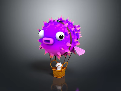 Purple Pufferfish Hot Air Balloon Carrying White Rabbit In Basket 3d model