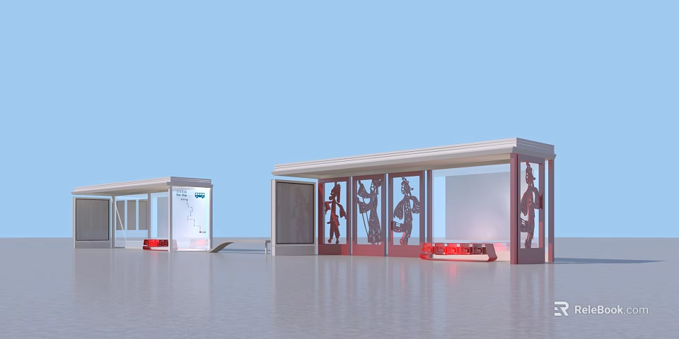 Modern Bus Station With Glass Facade Red Seats And Silhouette Decorations 3d model 