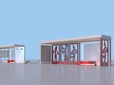 Modern Bus Station With Glass Facade Red Seats And Silhouette Decorations 3d model