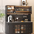 Elegant Black Sideboard With Glass Doors Drawers Coffee Accessories Wine Glasses And Lighting