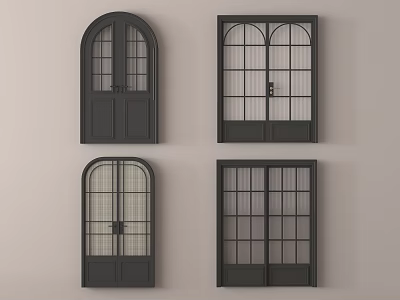 Dark Colored Double Doors With Arched And Rectangular Top Designs And Glass Panels 3d model