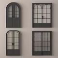 Dark Colored Double Doors With Arched And Rectangular Top Designs And Glass Panels