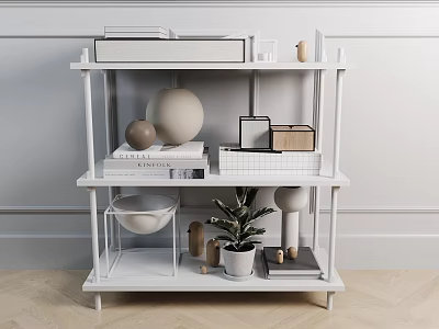 White Multi tiered Side Table With Open Shelves Books Decorative Items And Potted Plant 3d model