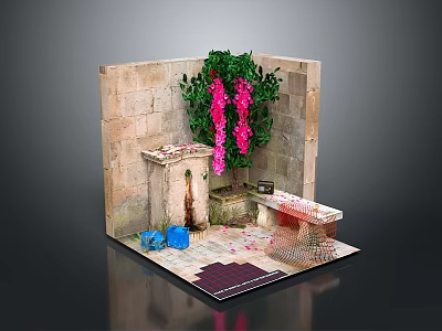Detailed Decorative Garden Corner With Stone Walls Pink Flowering Vines Bench And Petals 3d model