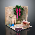 Detailed Decorative Garden Corner With Stone Walls Pink Flowering Vines Bench And Petals