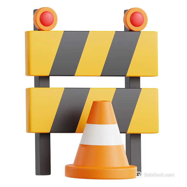 Industrial Equipment Including Yellow Black Striped Road Barriers And Orange White Traffic Cones 3d model 