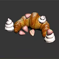 Fresh Croissant with Fresh Strawberries Whipped Cream and Powdered Sugar on Dark Background with Reflection