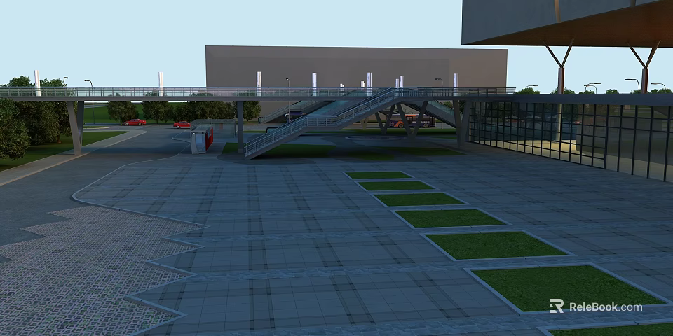 Modern Pedestrian Bridge With Staircases Connecting Buildings And Green Plaza Areas 3d model 
