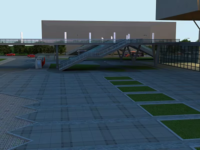 Modern Pedestrian Bridge With Staircases Connecting Buildings And Green Plaza Areas 3d model