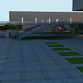 Modern Pedestrian Bridge With Staircases Connecting Buildings And Green Plaza Areas