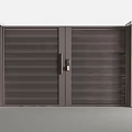 Modern Dark Colored Entrance Gate With Double Doors Vertical Slat Design And White Pillars