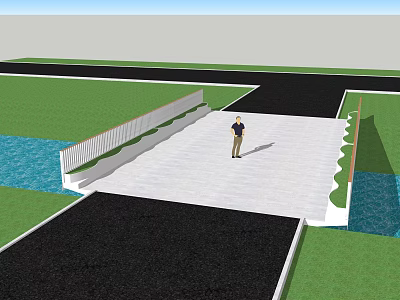 Scenic Landscape Bridge With White Railings Over Green Grass And Water Area 3d model