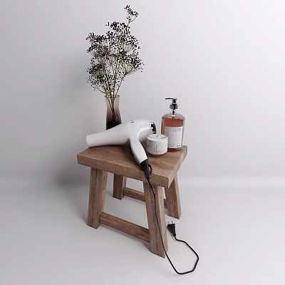 White Hair Dryer Daily Electrical Appliance On Wooden Stool With Soap Bottle And Small Container 3d model