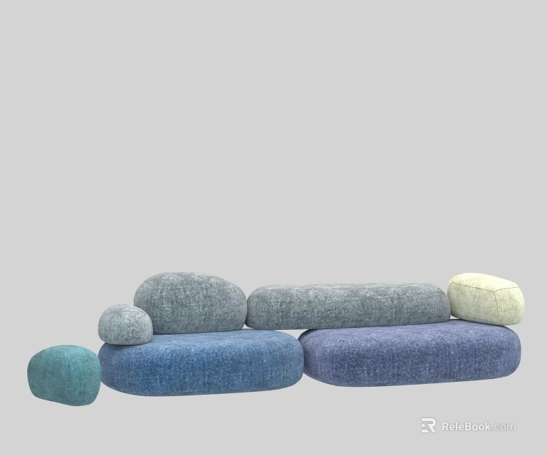 Modern Modular Sectional Sofa With Rounded Modules In Blue Gray And Green Tones 3d model