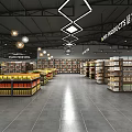 Supermarket Entrance Design with Checkstand Shelves Shopping Carts Beverages Section and Daily Supplies