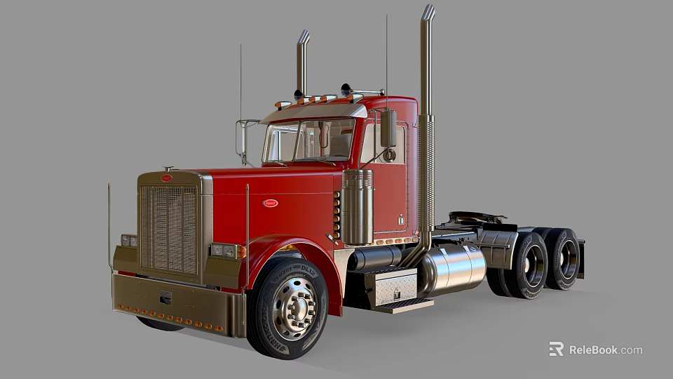 Red Heavy Duty Semi Truck with Chrome Exhaust Pipes and Large Wheels 3d model 