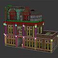 Cartoon Style Multi Story Brick Building With Green Roof Arched Entrance And Windows