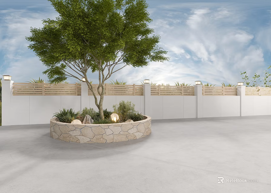 Rural Landscape With Large Tree Stone Flower Bed Small Plants Lights And White Fence 3d model 