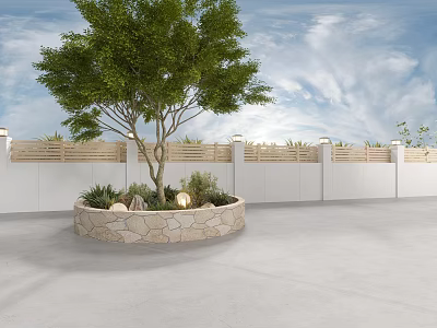 Rural Landscape With Large Tree Stone Flower Bed Small Plants Lights And White Fence 3d model