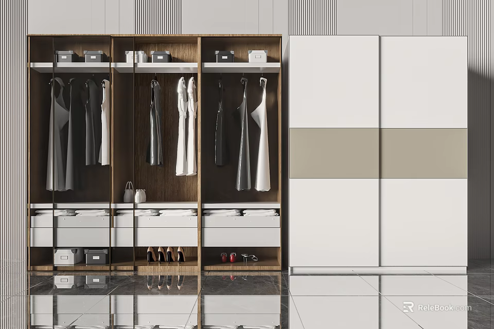 Modern Wardrobe Design With Wooden And White Finish Hanging Clothes Drawers And Shoe Storage 3d model 