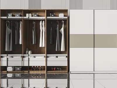 Modern Wardrobe Design With Wooden And White Finish Hanging Clothes Drawers And Shoe Storage 3d model