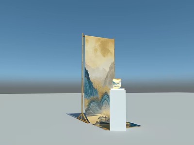 Scenic Photo Spot With Landscape Painting Display Board And White Cube Pedestal In Blue Sky 3d model