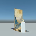 Scenic Photo Spot With Landscape Painting Display Board And White Cube Pedestal In Blue Sky