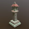 Green Moss Covered Stone Lantern Pillar With Red Roof And Chinese Characters