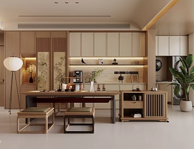 New Chinese Zen Tea Room Solid Wood Tea Table and Chair Tea Tasting Area Balcony Tea Room Tea Cabinet Sideboard Song Style Aesthetic Tea Room 3d model