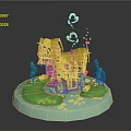 Fairy Tale Small House 3D Model With Yellow Roof Red Windows Green Trees And Grass