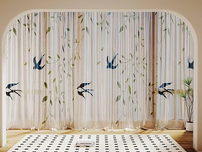 Light Fabric Curtain With Blue Swallow And Green Leaf Patterns In Arch Frame 3d model