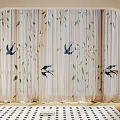 Light Fabric Curtain With Blue Swallow And Green Leaf Patterns In Arch Frame