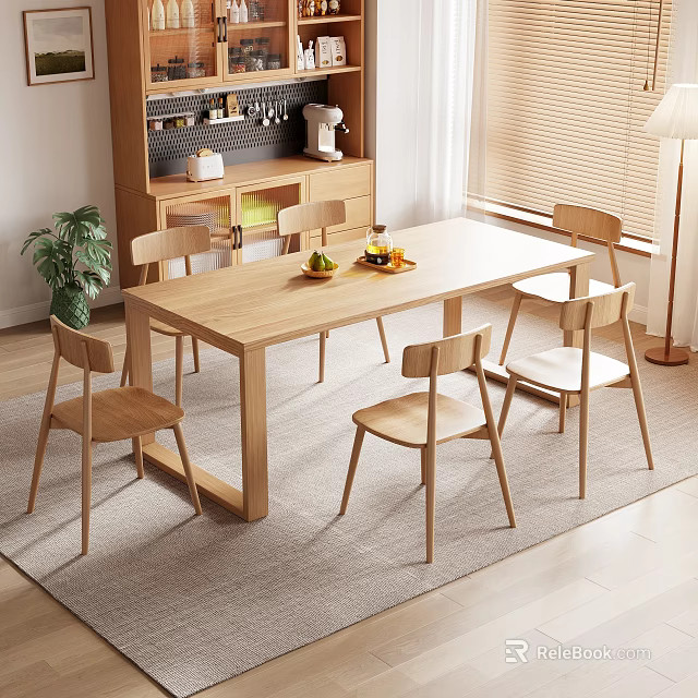 Modern Minimalist Wooden Dining Table and Six Chairs in Bright Interior with Fruit and Plant 3d model 