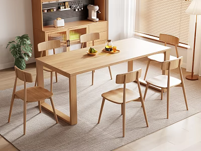 Modern Minimalist Wooden Dining Table and Six Chairs in Bright Interior with Fruit and Plant 3d model