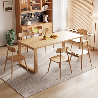 Modern Minimalist Wooden Dining Table and Six Chairs in Bright Interior with Fruit and Plant 3d model