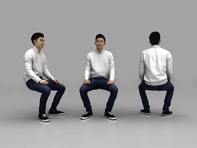 Man Sitting In Different Angles With White Sweater And Blue Jeans On Gray Background 3d model