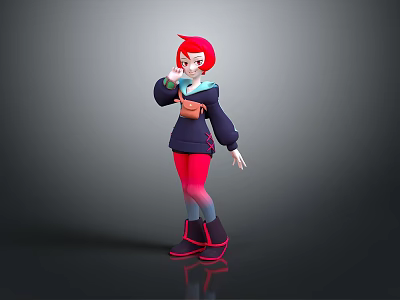 3D Woman Character With Red Short Hair Dark Blue Top Red Pants And Black Boots 3d model