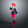 3D Woman Character With Red Short Hair Dark Blue Top Red Pants And Black Boots
