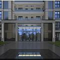 Modern Building Entrance Design With Glass Doors Warm Lighting Surrounding Greenery And Water Feature