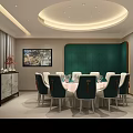 Private Dining Room With Green Textured Wall Circular Ceiling Light Wooden Table And Leather Chairs