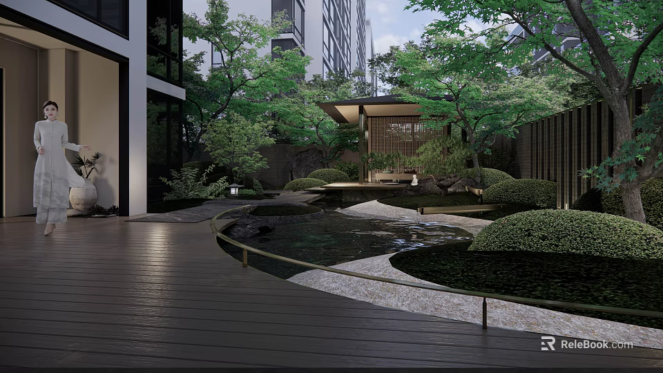Garden Landscape Featuring Wooden Walkway Stream Trimmed Shrubs Trees And Modern Pavilion 3d model 