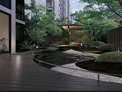 Garden Landscape Featuring Wooden Walkway Stream Trimmed Shrubs Trees And Modern Pavilion 3d model