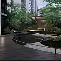 Garden Landscape Featuring Wooden Walkway Stream Trimmed Shrubs Trees And Modern Pavilion